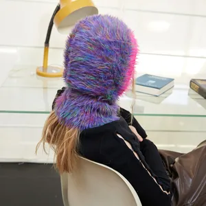 Colorful space-dyed faux fur balaclava hood in vibrant purple and blue mix for winter