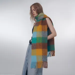 Colorful plaid wool blend scarf with chunky tassels for women in bright yellow and blue