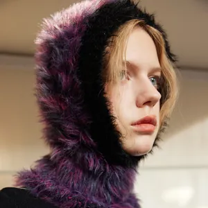 Space-dyed fluffy balaclava hood in dark purple and black plush for winter warmth