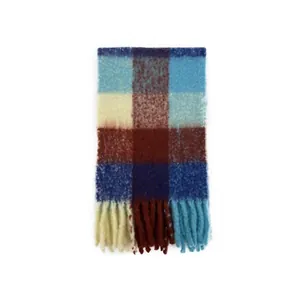 Chunky gradient plaid scarf in wool blend with tassels and blue burgundy check pattern