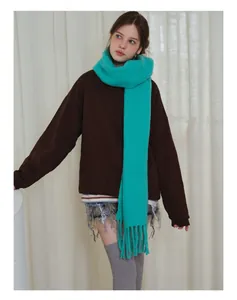 Detail eines grünen Wollschals mit Fransen, kombiniert mit Pullover und Shorts