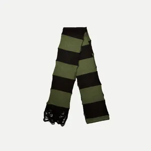 Knit scarf with dark green and black wide stripes and distressed hollow details