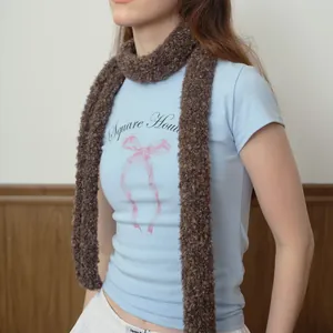 Brown textured knit scarf for women made of chunky loop yarn for cozy winter styling