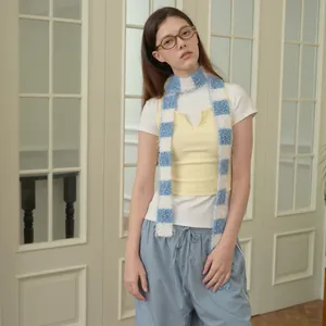 Blue and white checkered plush knit long scarf for women with soft fuzzy texture