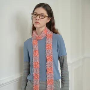 Pink and orange checkered fuzzy plush long scarf with soft feather yarn texture