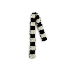 Fuzzy black and white striped skinny scarf with soft plush texture for women style