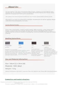 Detailed size and care guide for 100% wool scarf showing 160x20cm dimensions and 135g weight