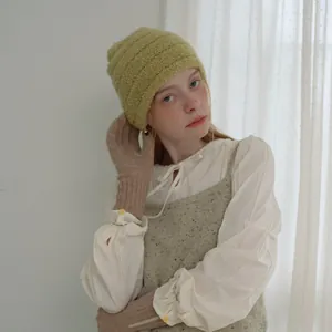 Lime green wool knit beanie and beige long gloves set for women in soft ribbed texture
