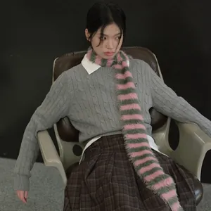 Pink and green striped faux mink knit scarf for women with Y2K retro style