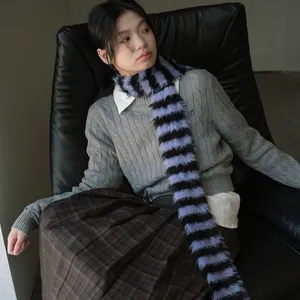 Retro purple and black striped faux fur scarf in soft millennium knit for winter