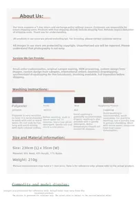 Detailed chart showing 40% wool blend material specs and washing care for blue plaid scarf