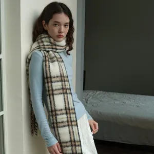 Women's Winter Warm Scarf Soft Wool Blend Checkered Plaid Pattern Long Shawl Wrap With Tassels Versatile Scarf For Everyday