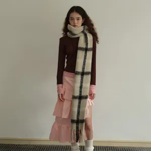 Retro Plaid Wool Blend Thick Scarf For Women Winter Warm Soft Long Checkered Scarf With Tassels Beige Large Wrap