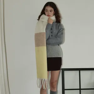 Écharpe épaisse pour femme en laine mélangée à carreaux avec franges blanc marron jaune