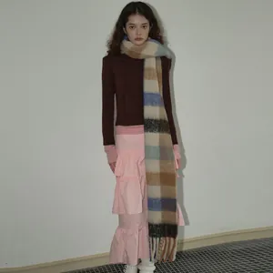 Retro Oversized Plaid Scarf For Women Men Wool Blend Soft Warm Winter Colorblock Shawl With Tassels Woven Neck Warmer