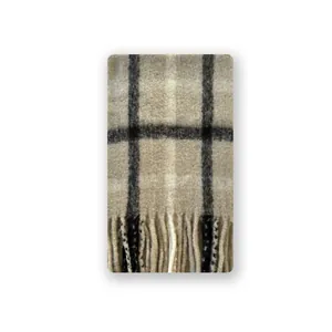 Classic plaid wool blend scarf with fringe tassels in khaki and dark grey tones