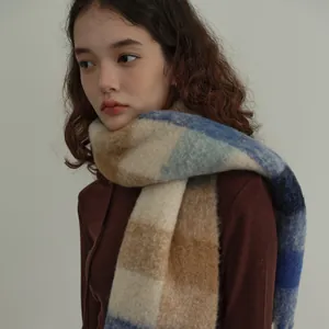 Retro blue plaid wool scarf for women with warm oversized chunky knit wrap style