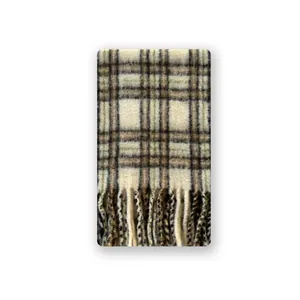 Classic soft wool blend plaid scarf in beige and green with fringe detail for winter