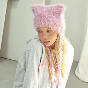Women Winter Cute Cat Ear Fuzzy Plush Knitted Hat Soft Warm Ear Protection Trapper Hat With Tassels Y2K Sweet Style