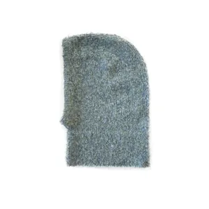 Blue knitted mohair balaclava hood for women with soft faux fur texture for winter warmth