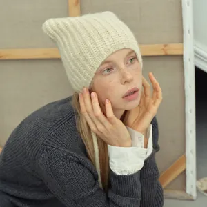 Chic alpaca blend square knit hat with cute cat ears in creamy white winter style