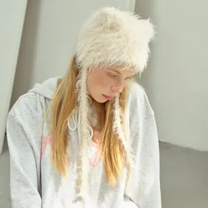 Cute off-white cat ear beanie with fluffy ear flaps for women, soft knit faux fur design
