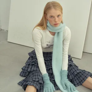 Classic light blue knit scarf and gloves set for women in soft wool blend style