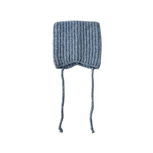 Blue knitted alpaca blend cat ear hat with chin straps for women and autumn winter warmth