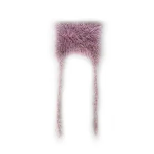 Cute mauve pink fuzzy cat ear hat with long earflaps for winter, soft knit plush beanie