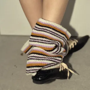 Striped wool blend leg warmers in purple and white, retro slouchy style for women