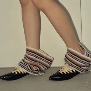 Striped wool blend leg warmers with black patent leather lace-up shoes for women