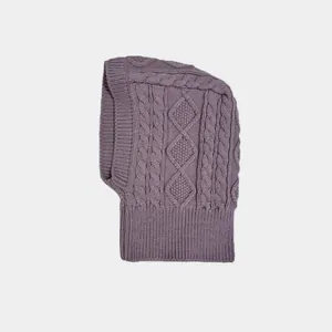 Dusty purple cable knit wool blend balaclava hood for winter warmth and comfort