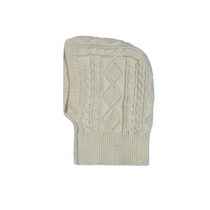 Cream white cable knit wool balaclava hood with ribbed neck warmer for winter warmth