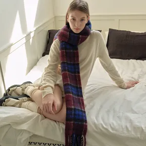 British Style Plaid Wool Blend Scarf For Women Winter Warm Soft Tassel Checkered Long Wrap Shawl Neck Warmer