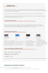 Size specifications and washing instructions for 100% pure wool winter scarf
