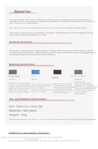 Detailed size guide and 100% pure wool washing instructions for striped winter scarves