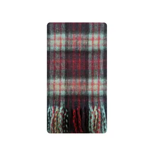 Plaid wool blend scarf with red and blue pattern featuring soft fringe details