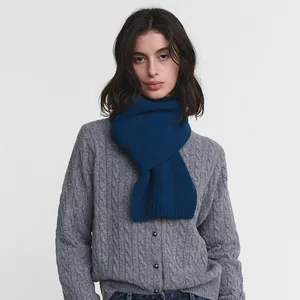 Elegant navy blue pure wool scarf for women with warm knit texture and soft finish