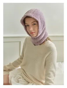 Detail of lavender faux mink fur balaclava showing soft plush texture and hood design