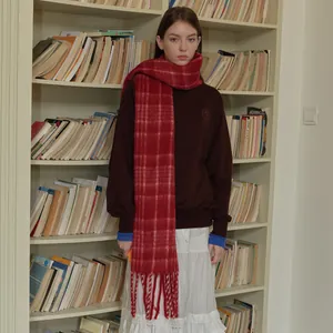 Women's Plaid Scarf Soft Warm Polyester Wool Blend Checkered Long Tassel Scarf For Winter Fashion Elegant Shawl Neck Warmer