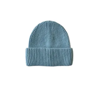 Sky blue 100% sheep wool ribbed knit beanie with fold-over cuff for winter warmth