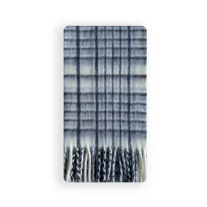 Blue and white plaid scarf with wool blend fabric and fringe edges for winter warmth