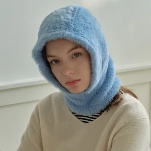 Solid Faux Mink Fur Balaclava Hat For Men Women Winter Warm Knit Hooded Scarf Mask Windproof Outdoor Thermal Headgear