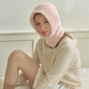 Pink plush balaclava hood for women made of warm faux mink fur for winter season