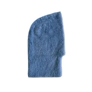 Fuzzy light blue balaclava winter knit hood hat for men and women in soft plush faux fur