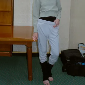Light gray blue drawstring jogger pants made of soft wool blend knit fabric for winter