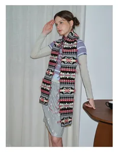Detail of multi-color Fair Isle knit scarf featuring vintage geometric patterns and fringe