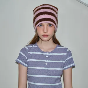 Women Rolled Edge Striped Knit Beanie Hat Brushed Wool Blend Soft Warm Winter Hat Casual Striped Slouchy Beanie Hat