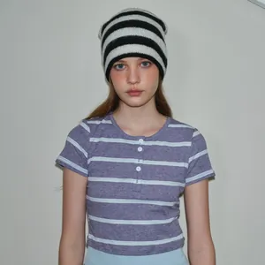 Striped knit beanie with roll edge and violet striped Henley t-shirt for autumn