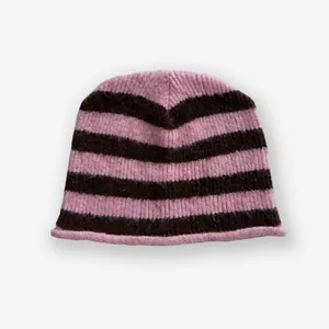 Pink and dark brown striped knit beanie with wool blend ribbed texture and rolled edge